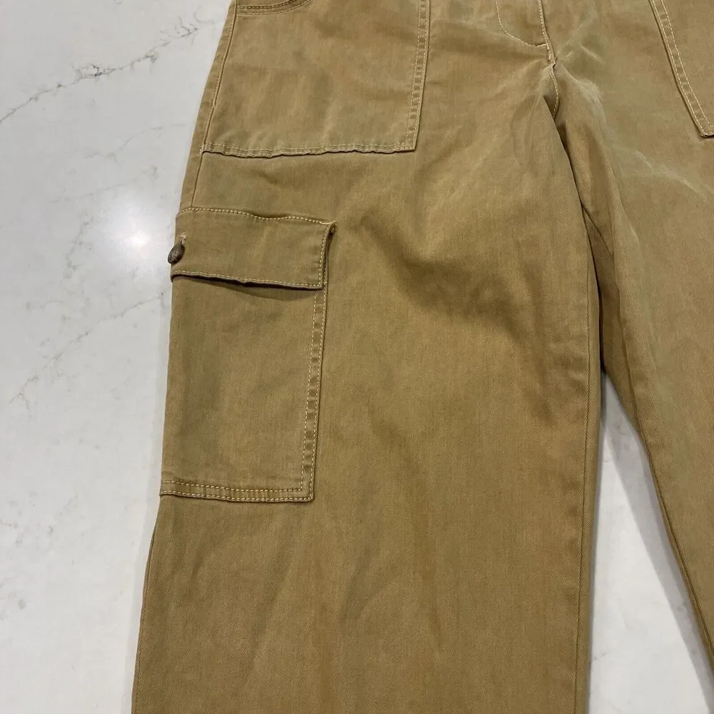 Joie Wide Leg High Waist Pants Sz 14 Cargo Pocket Tan Tencel Cotton Stretch‎